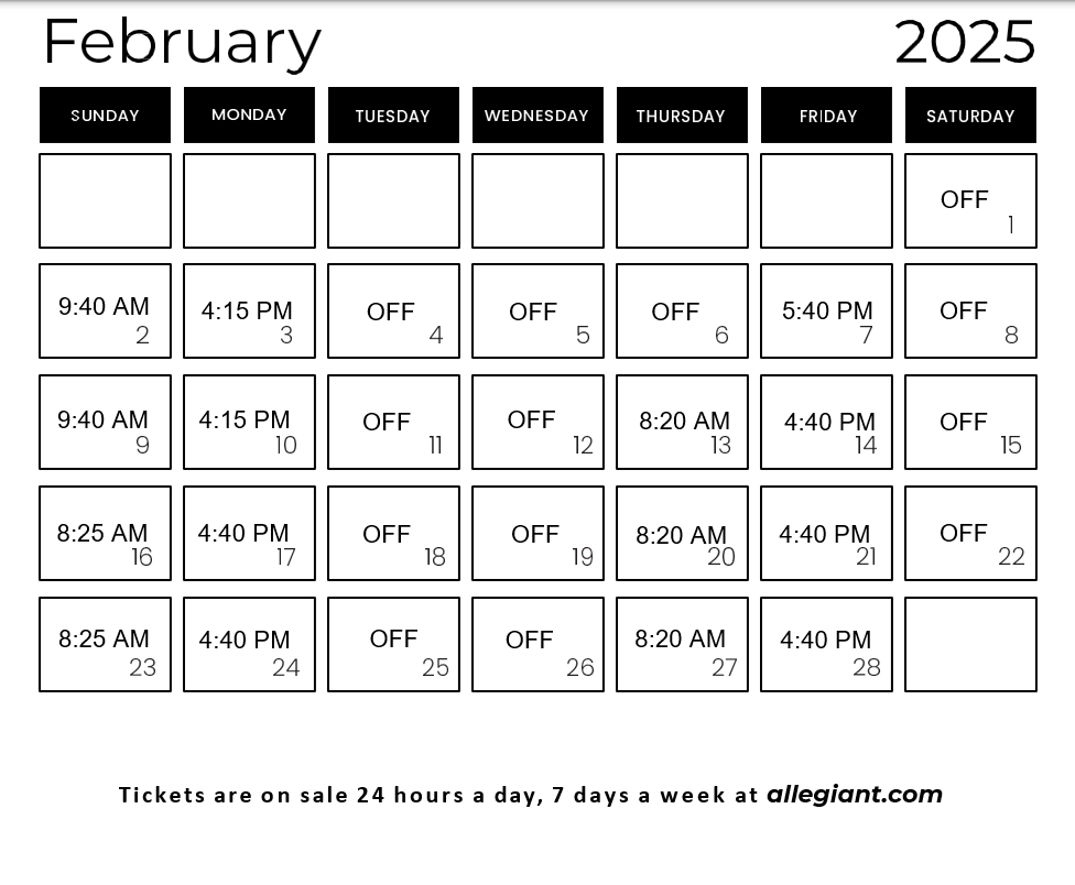 Allegiant Ticket Counter Hours 2.2025