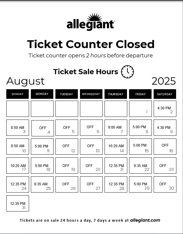 Stockton Metropolitan Airport Ticket Counter Hours for August 2025